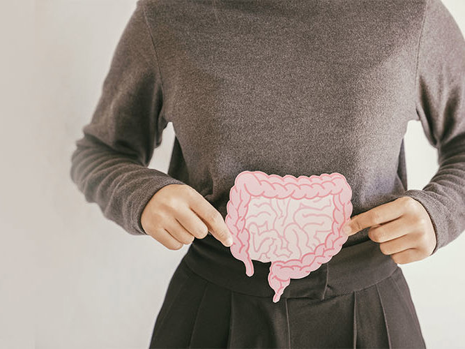 Hender som holder en lyserosa tegning av tarmen.