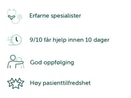 4 illustrasjoner med tekstene: Erfarne spesialister - 9/10 får hjelp innen 10 dager - God oppfølging - Høy pasienttilfredshet.